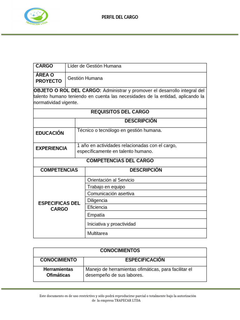 Perfil de Cargo Talento Humano | PDF | Gestión de recursos humanos