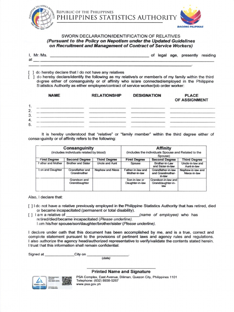 Sworn Declaration of Relatives Form | PDF | Social Institutions ...