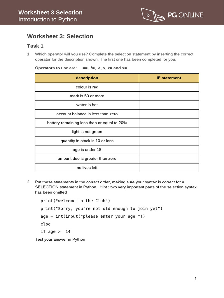 Python Worksheet 3 Selection 1 | PDF | Computer Programming