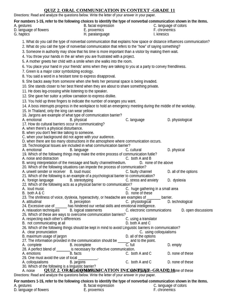 Oral Communication in Context Test 2 | PDF | Nonverbal Communication ...