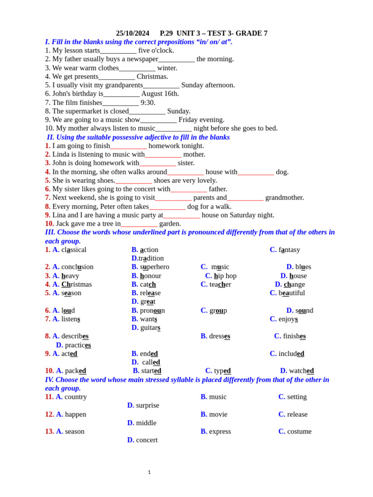 25/10/2024 P.29 Unit 3 - Test 3-Grade 7 | PDF | Lady Gaga
