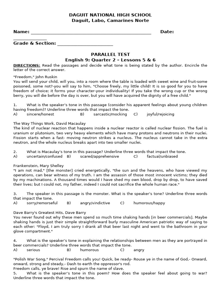 English 9 Parallel Test: Tone Analysis | PDF | Nuclear Fission | Neutron