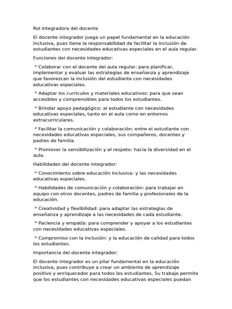 Rol del Docente Integrador en Inclusión | PDF | Crecimiento personal y ...