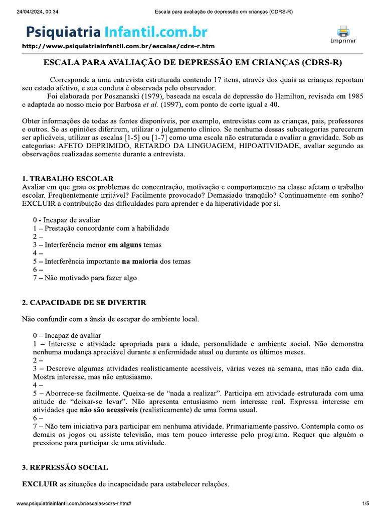 CDRS - R eSCALA DEPRESSÃO | PDF