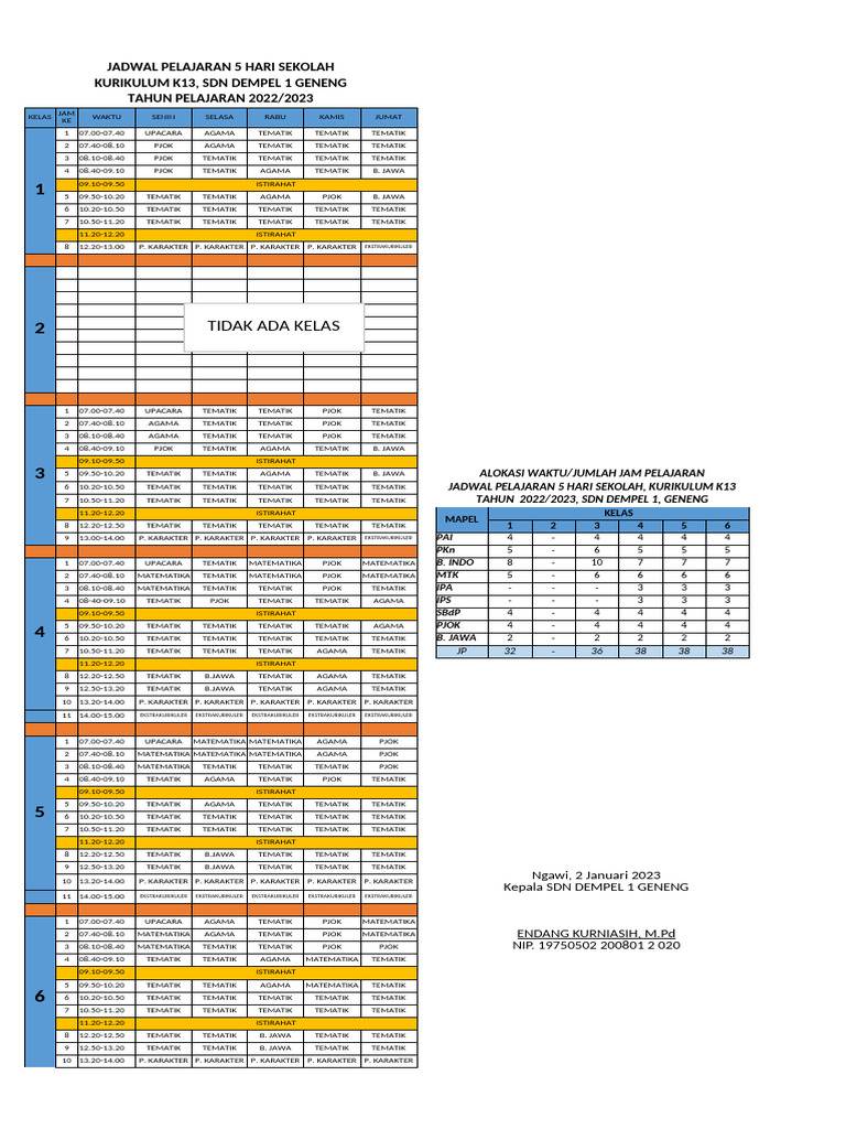 Jadwal Pelajaran K13 SDN Dempel 1 | PDF | Griya & Taman