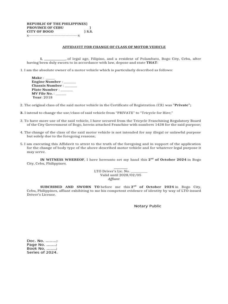 Affidavit for Motor Vehicle Class Change | PDF | Affidavit | Civil Law ...