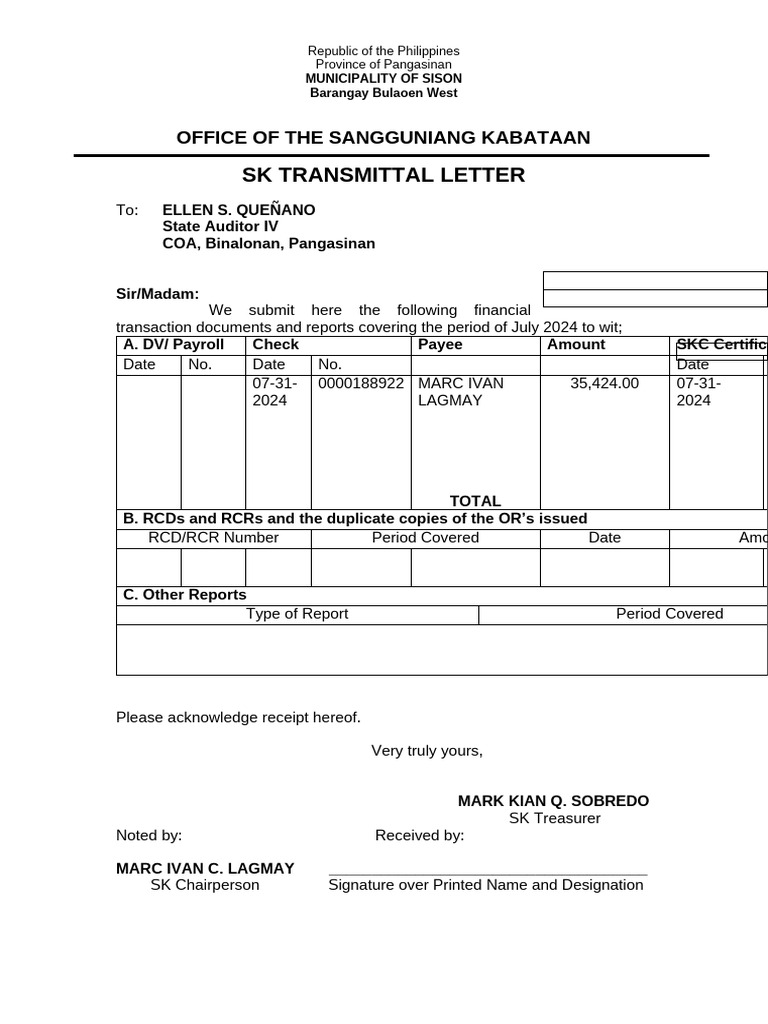SK Transmittal Letter to COA | PDF