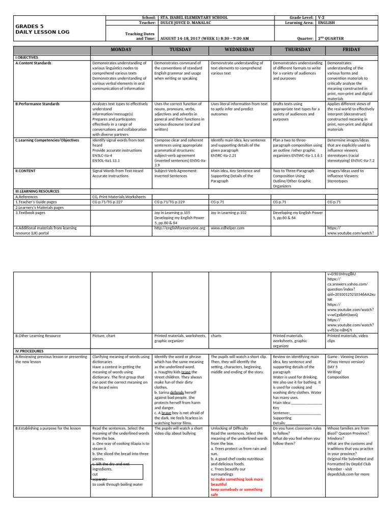 Grade 5 English Daily Lesson Plan | PDF | Linguistics