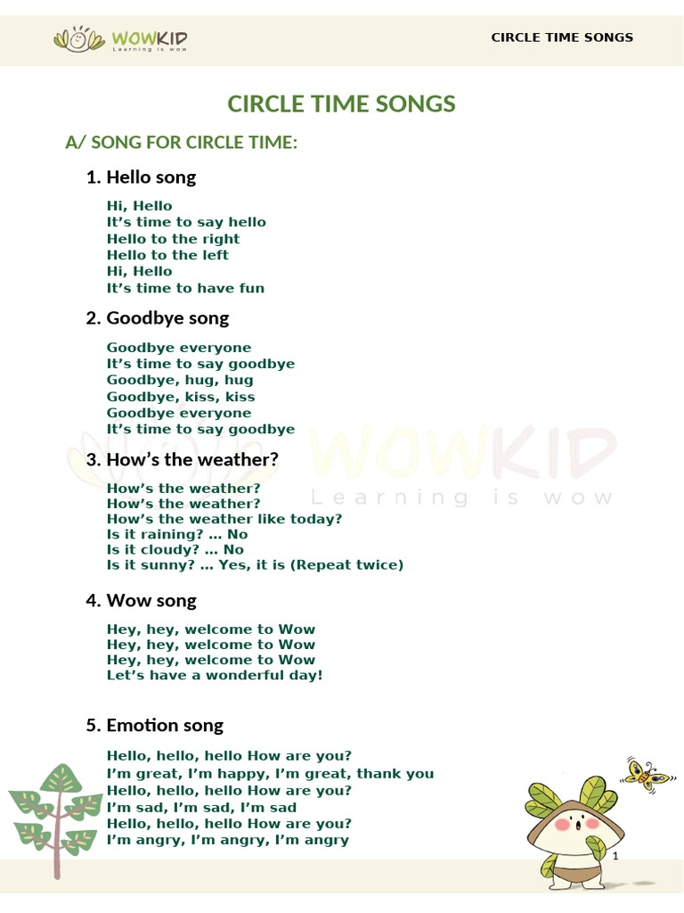 Circle Time Songs | PDF | Foreign Language Studies | Art for Free Printable Circle Time Songs