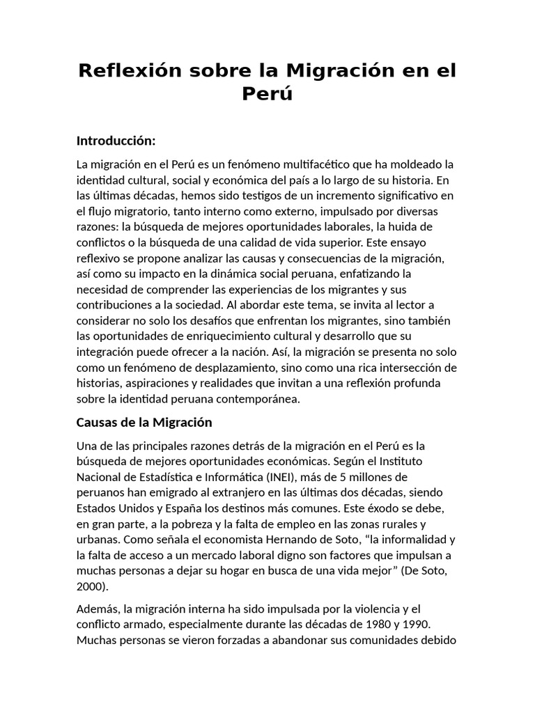 Reflexión Sobre La Migración en El Perú | PDF | Migración humana | Perú
