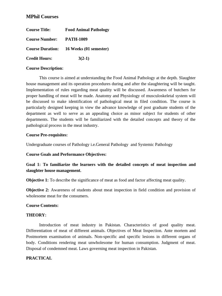 Course Contents of Food Animal Pathology | PDF | Meat | Animal Slaughter