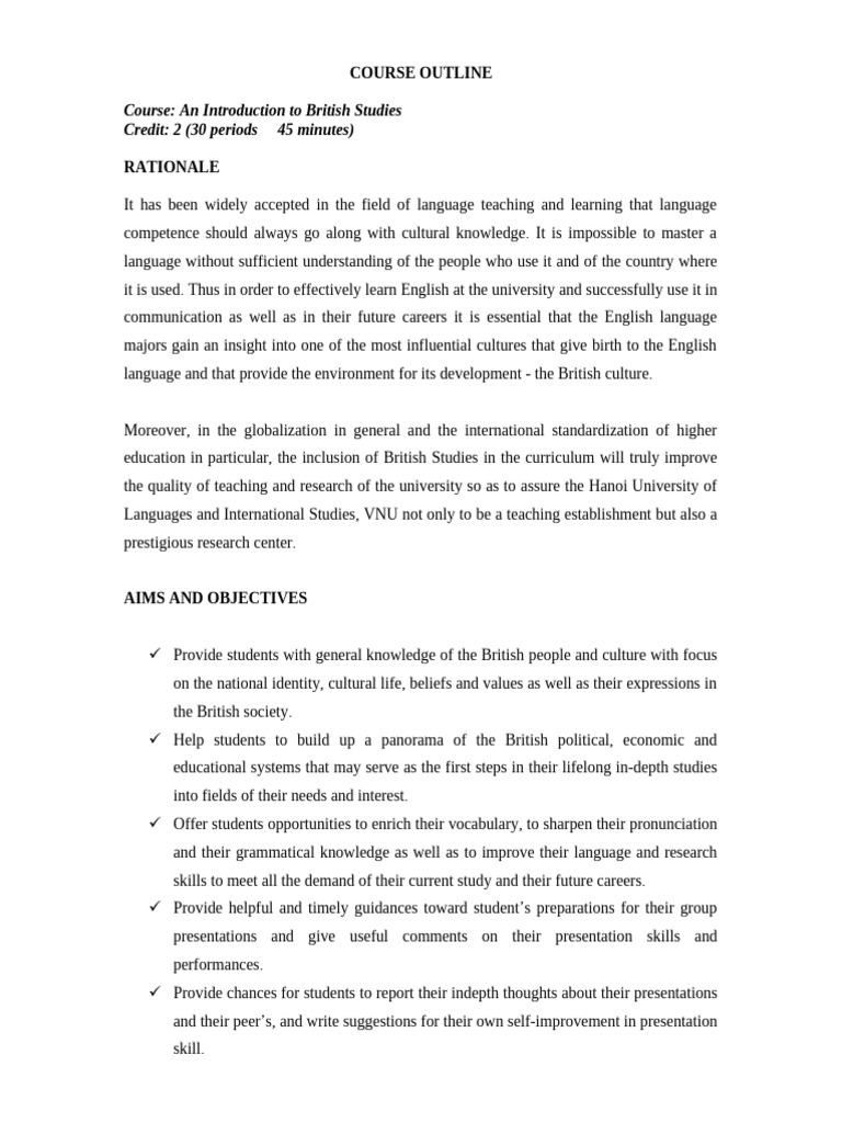 COURSE OUTLINE For British Studies | PDF | Knowledge | English Language