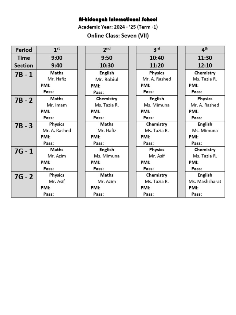 Online Class: Seven (VII) Period 1 2 3 4 Time Section 9:00 9:40 9:50 10 ...