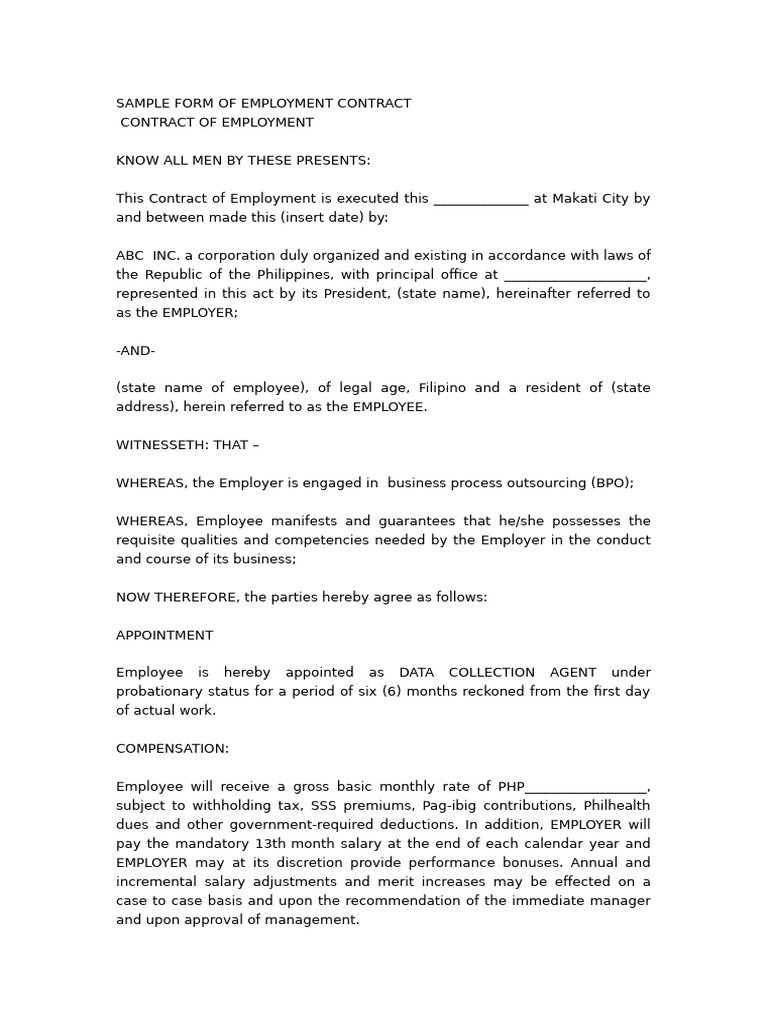 SAMPLE FORM OF EMPLOYMENT CONTRACT | PDF | Employment | Overtime