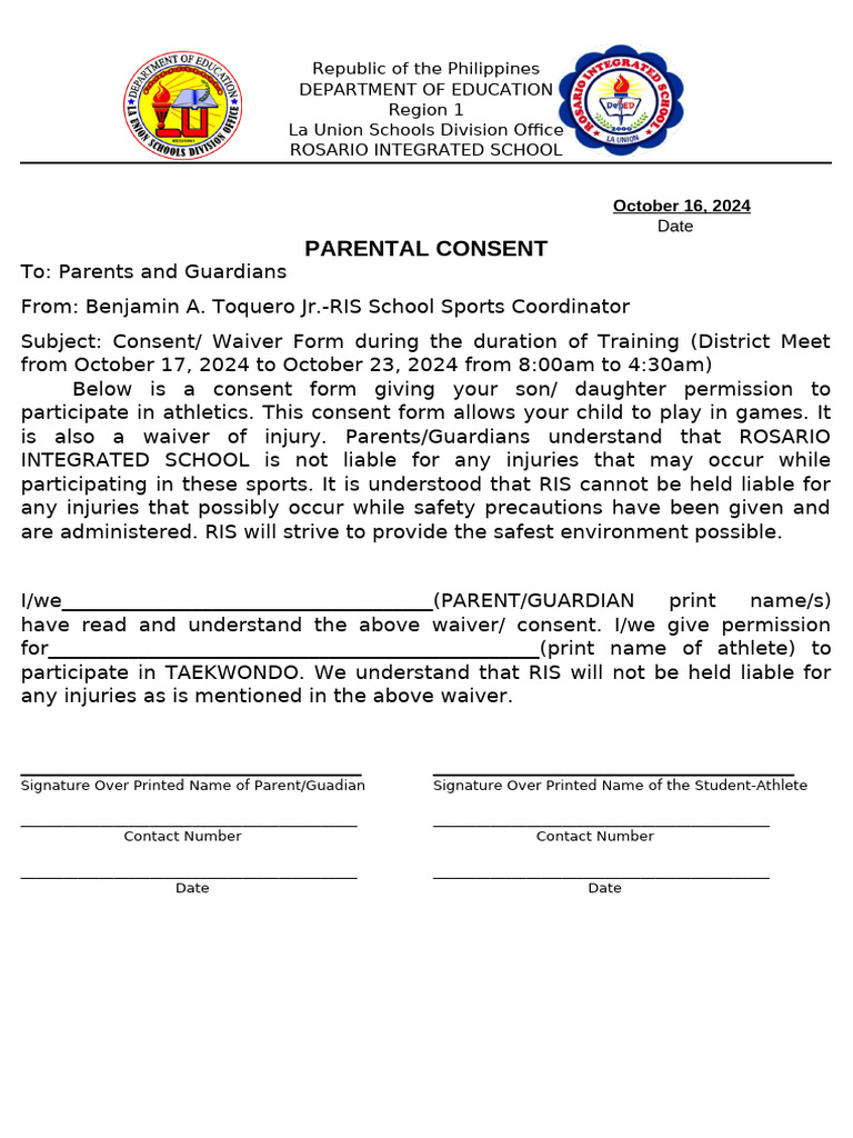 Parental Consent for Sports Participation | PDF
