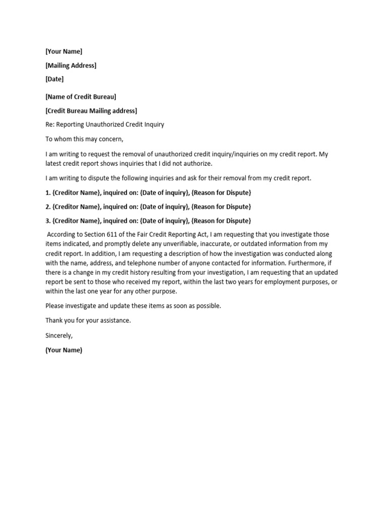 Hard Inquiry Dispute Letter Template | PDF