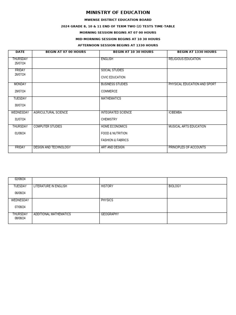 2024 Grade 8-11 Test Timetable | PDF