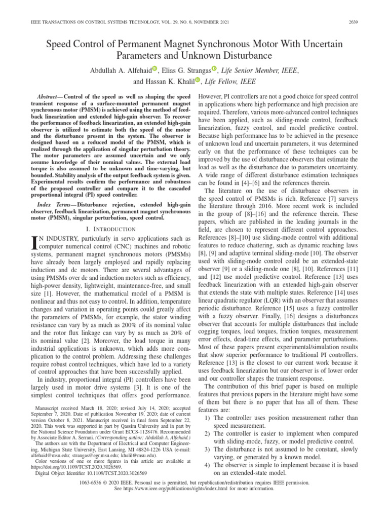 Speed control of permanent magnet synchronous motor with uncertain