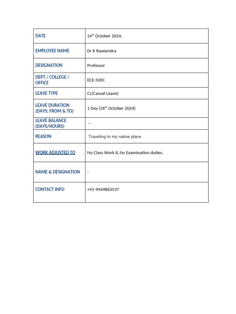SVC Casual Leave Request Form-Dr K Raveendra On 26th October 2024. | PDF