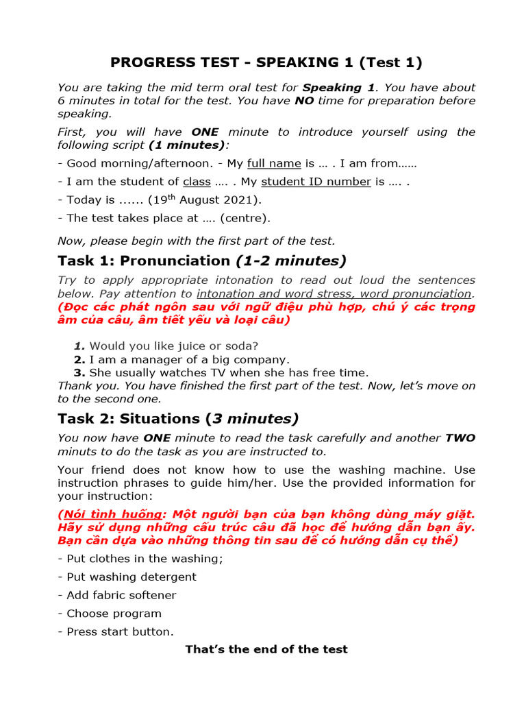 Speaking 1 Progress Test Instructions | PDF | Linguistics