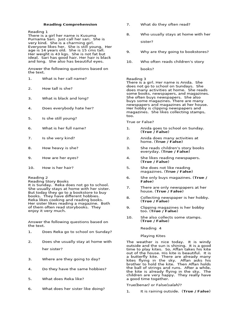 English Reading Comprehension for Kids | PDF