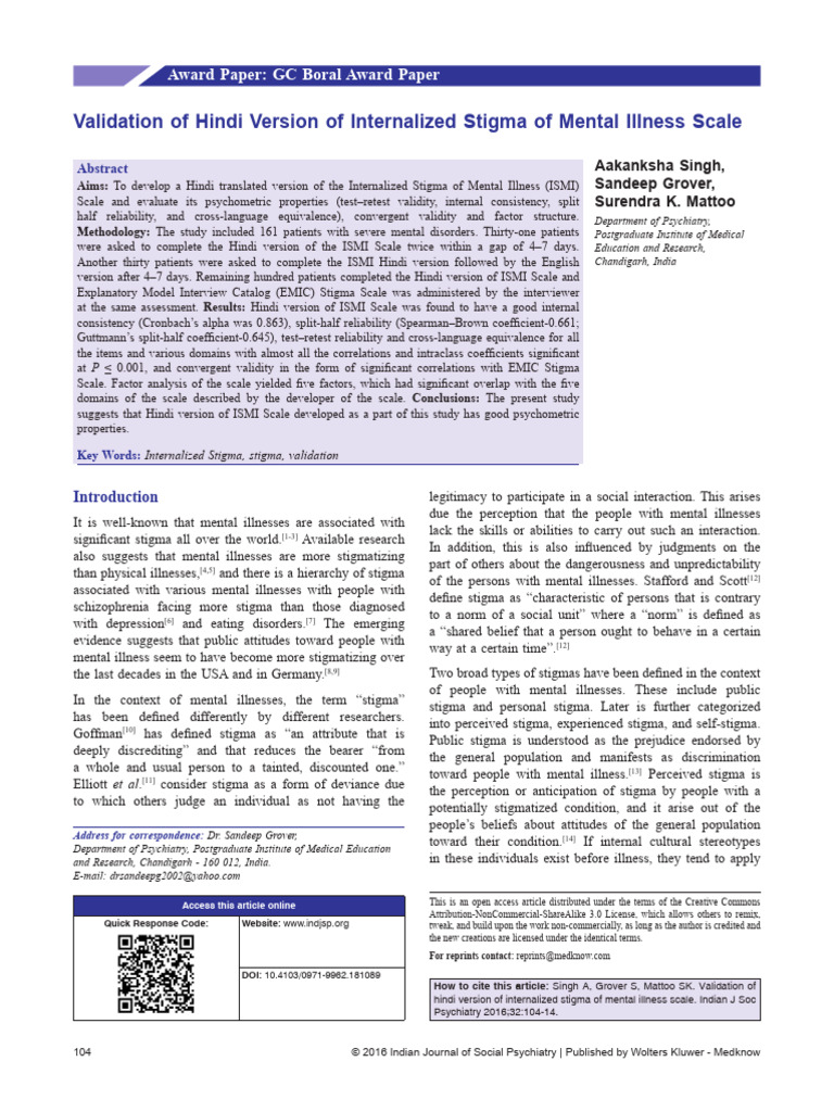 Hindi Validation of Internalized Stigma Scale | PDF | Social Stigma ...