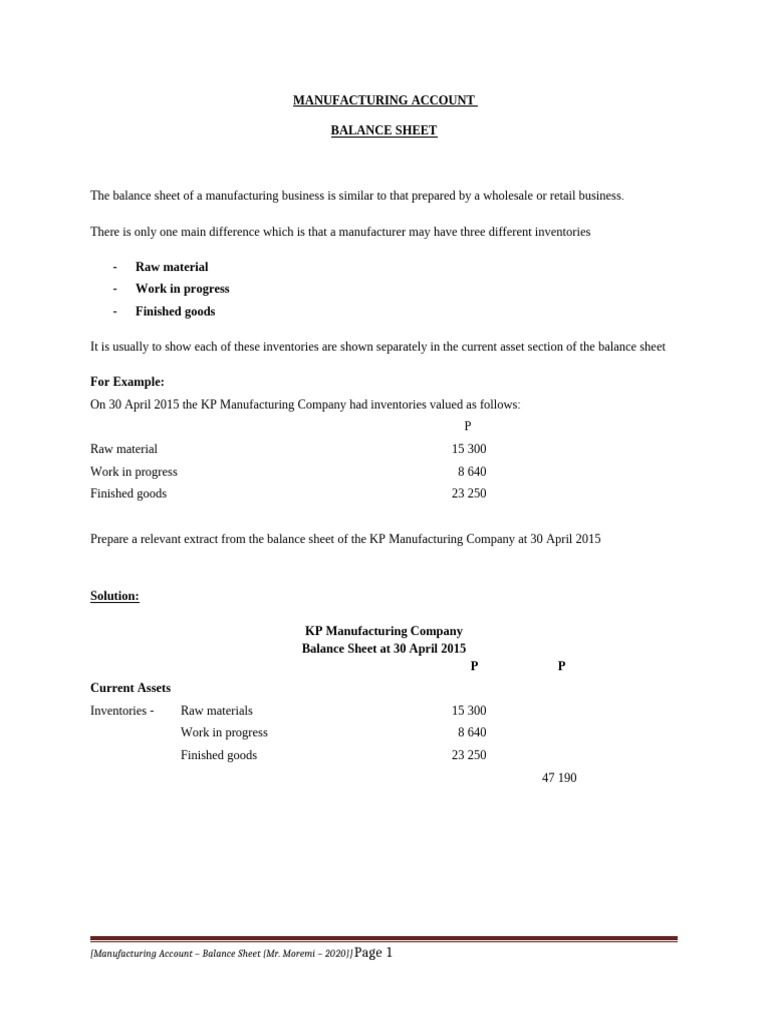 Manufacturing Company Balance Sheet Example | PDF