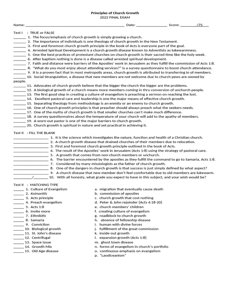 Church Growth Principles Exam | PDF | Acts Of The Apostles | Sermon