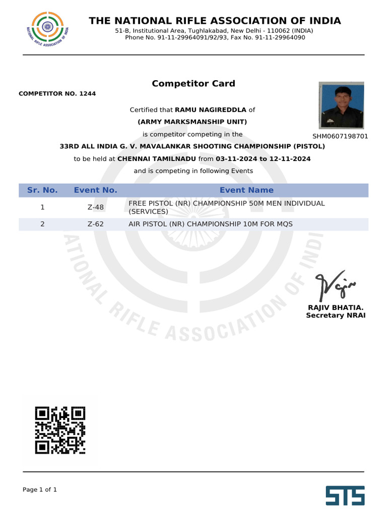 NRAI Competitor Card for G.V. Mavalankar | PDF | Shooting | Firearms