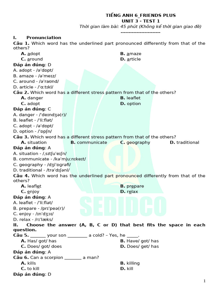 Tieng Anh 6 Friends Plus - Unit 3 - Test 1 (Key) | PDF | Wildlife | Sea