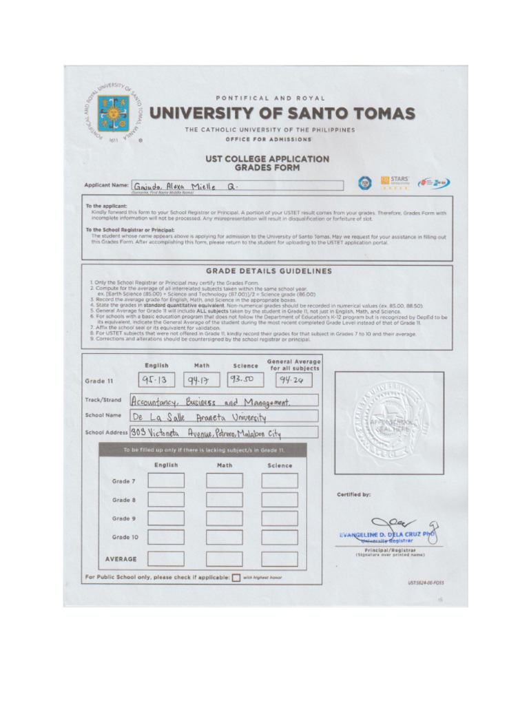 Ustet Application Grades Form | PDF