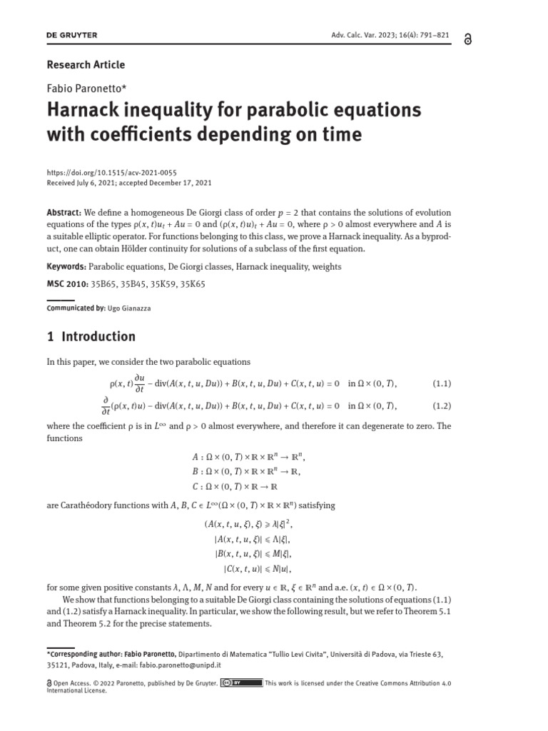 Harnack Inequality for Time-Dependent Parabolic Equations | PDF ...