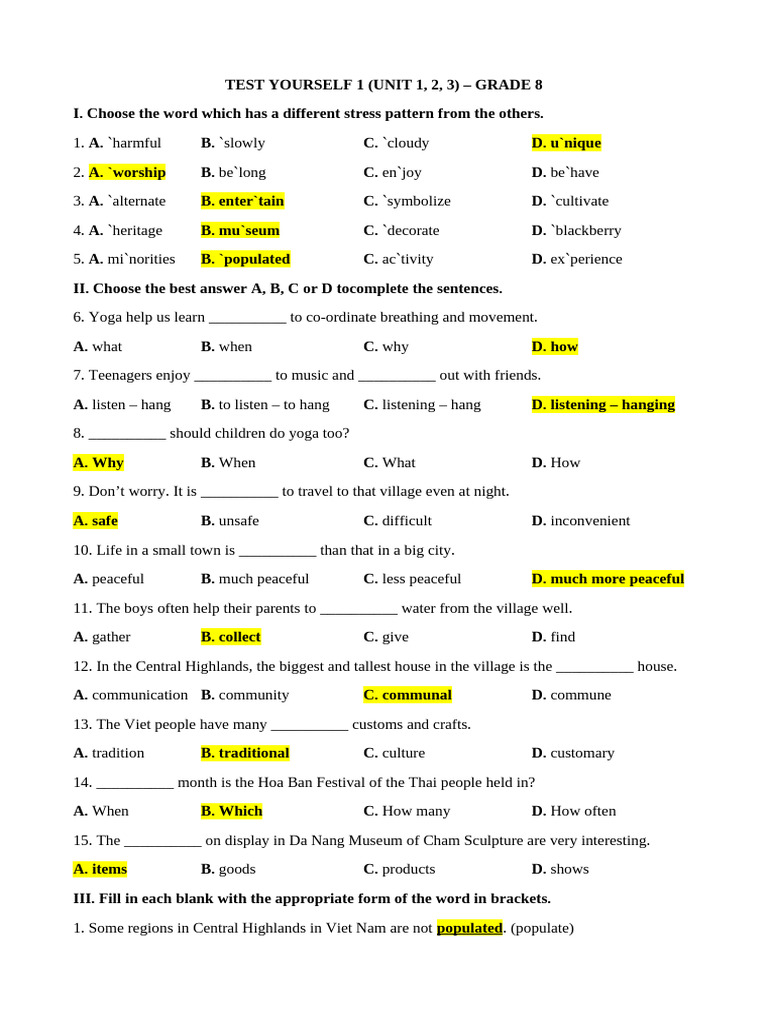 Test Yourself 1: Units 1-3 for Grade 8 | PDF | Travel | Language Arts ...