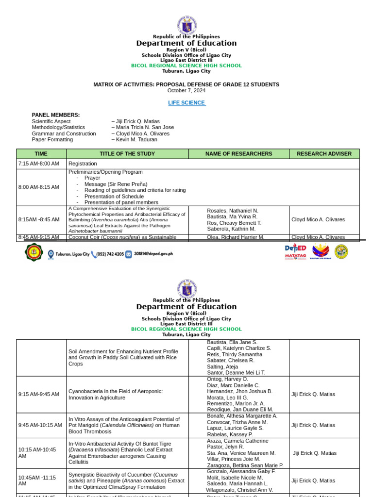Grade 12 Research Proposal Defense Schedule | PDF