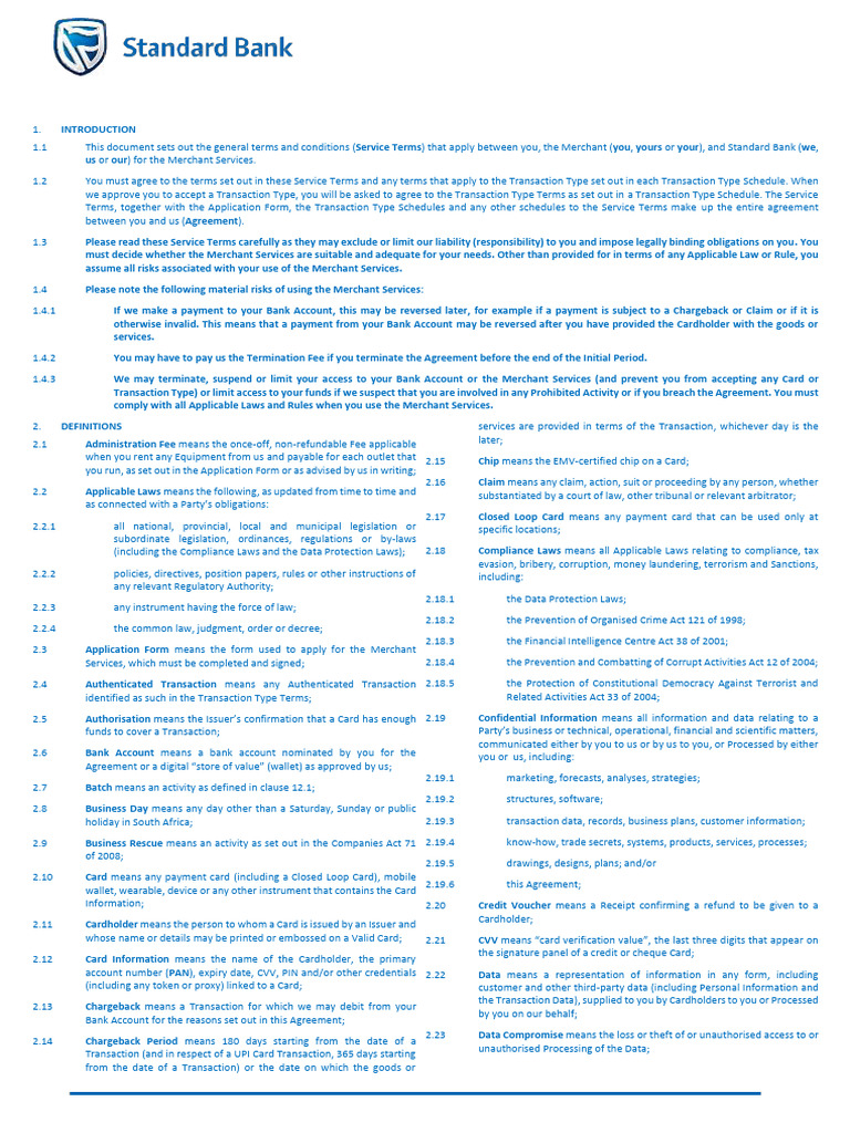 Standard Bank Merchant Services Terms | PDF | Payment Card Industry ...