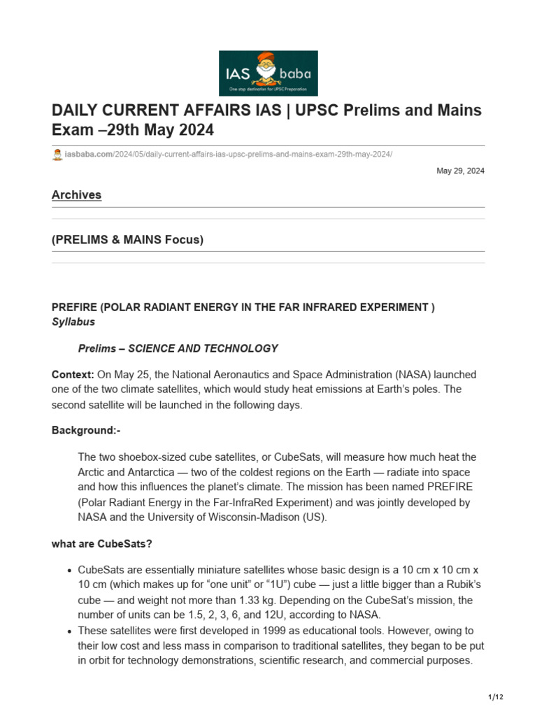 DAILY CURRENT AFFAIRS IAS UPSC Prelims and Mains Exam 29th May 2024 ...