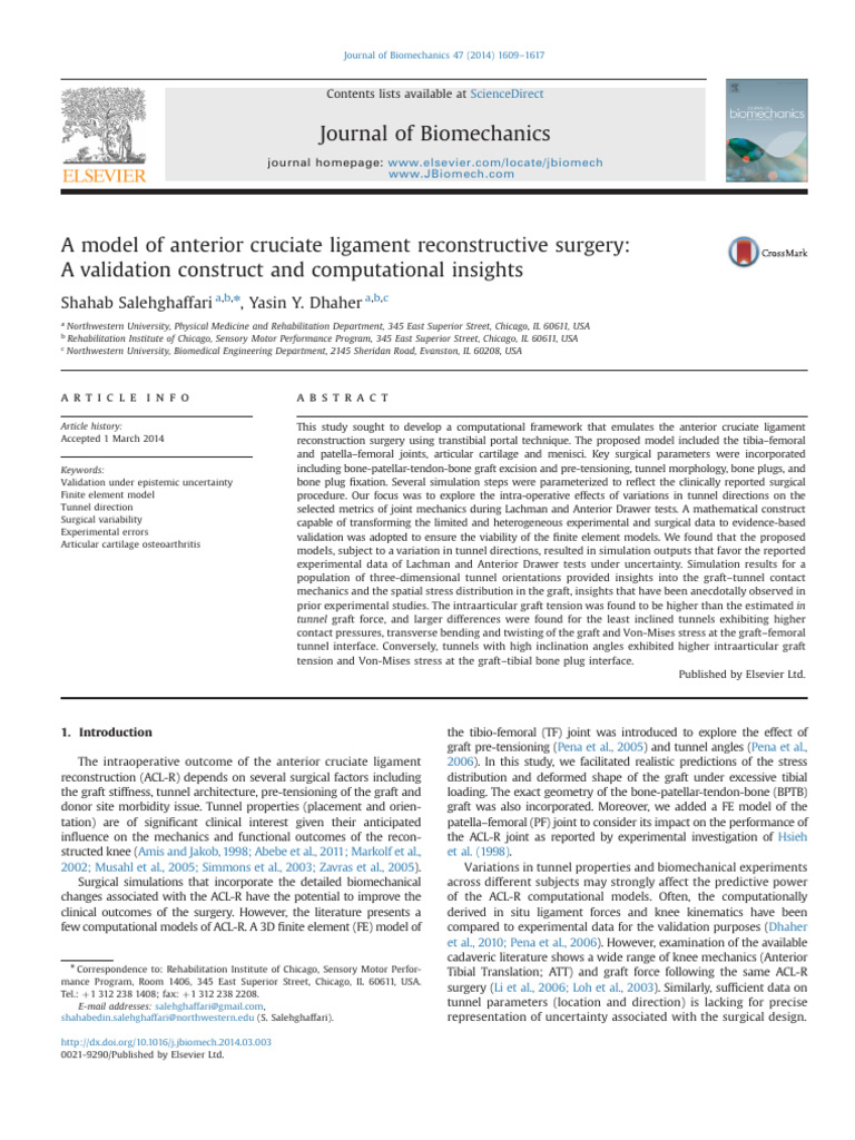A Model of Anterior Cruciate Ligament Reconstructive Surgery | PDF ...