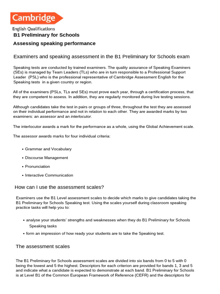 563308 b1 Preliminary for Schools Assessing Speaking Performance | PDF ...