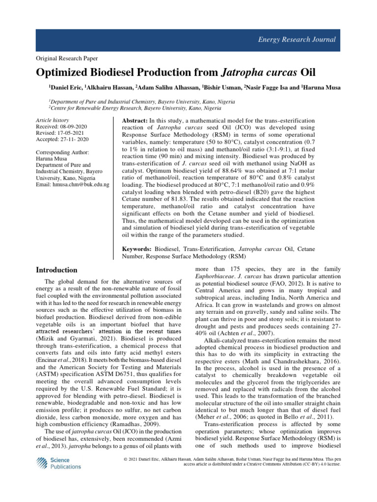Optimized Jatropha Biodiesel Production | PDF | Biodiesel | Biofuel