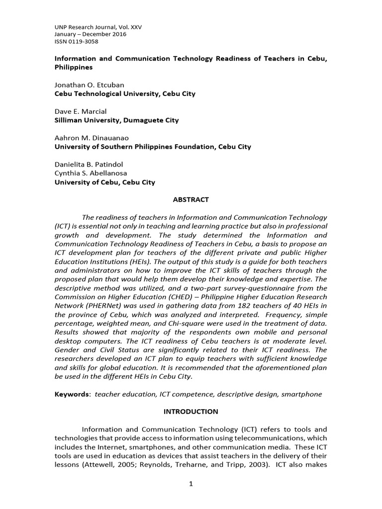 2016rj01 Ict Readiness Of Teachers In Cebu Pdf Educational