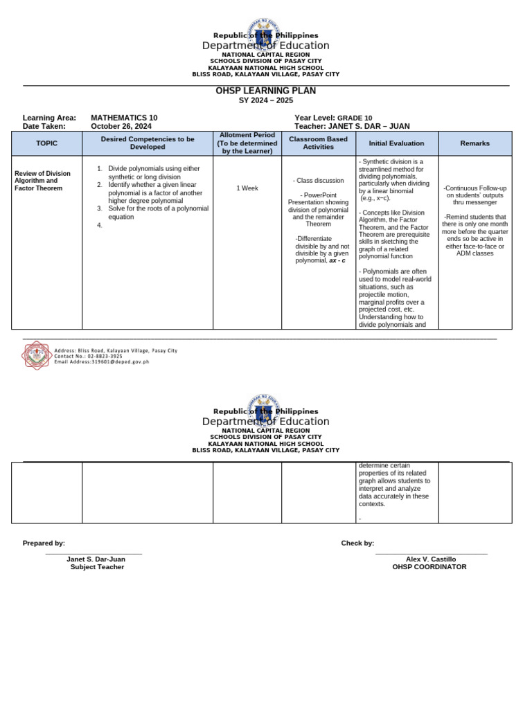 Grade 10 Mathematics Learning Plan | PDF | Polynomial | Learning