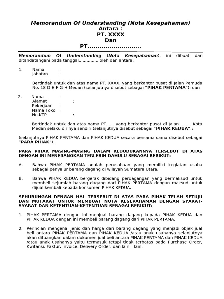 Template MOU untuk Perjanjian Dagang | PDF | Hukum