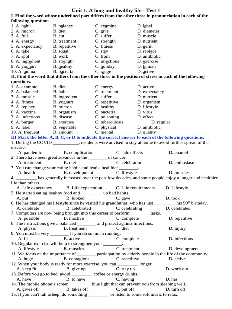 Unit 1 Test 1 Form 2025 Pdf Healthy Diet Sleep