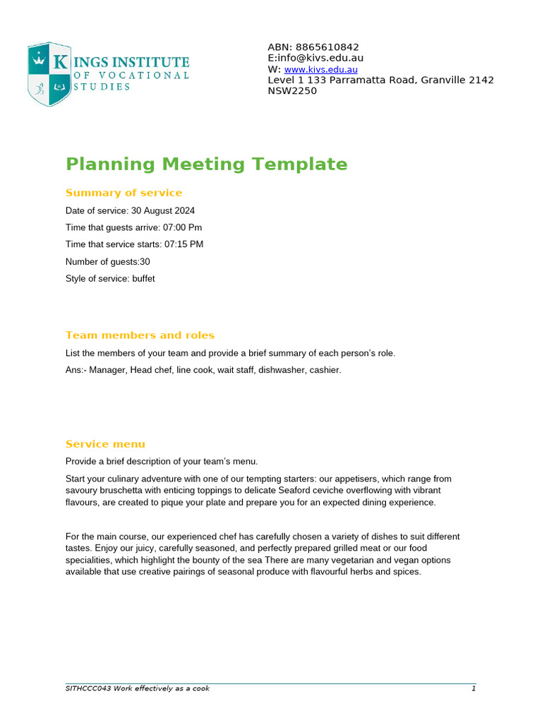 Planning Meeting Template for Event | PDF | Salad | Sauce