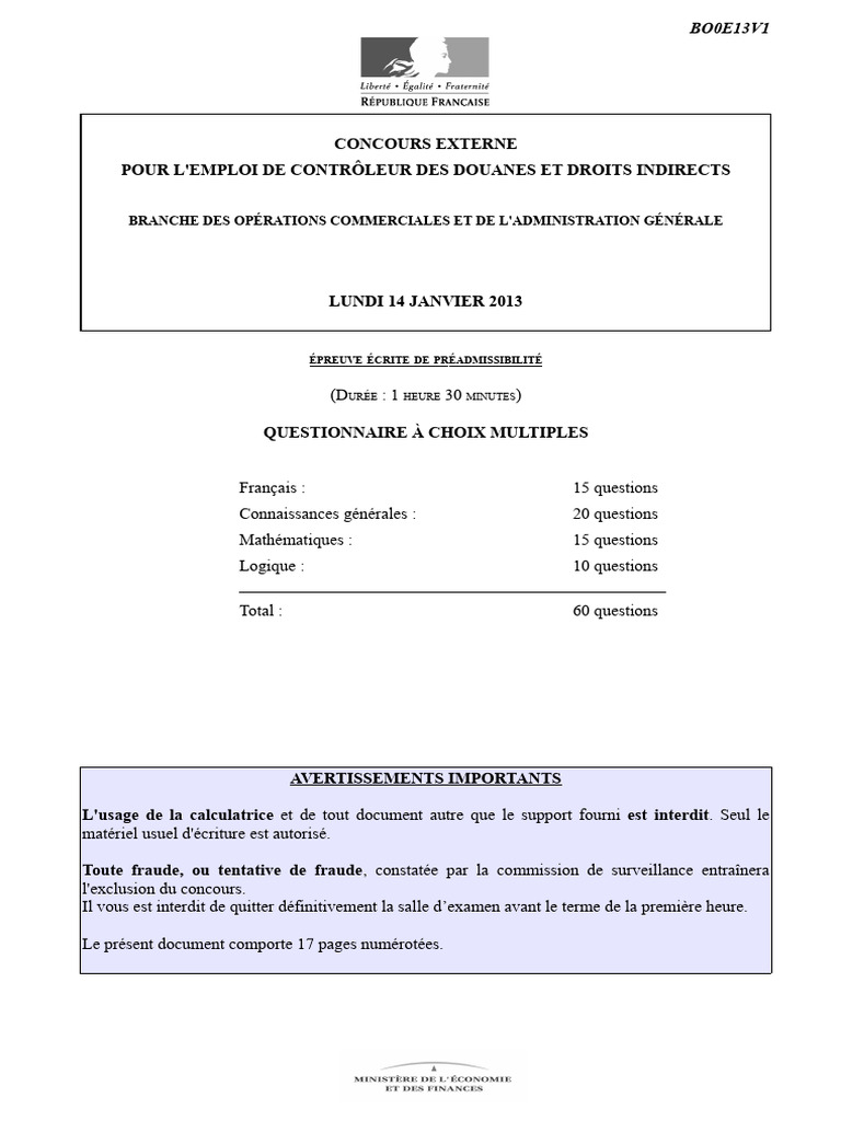 Annale 36283 CONTROLEUR DOUANES QCM 2013 | PDF
