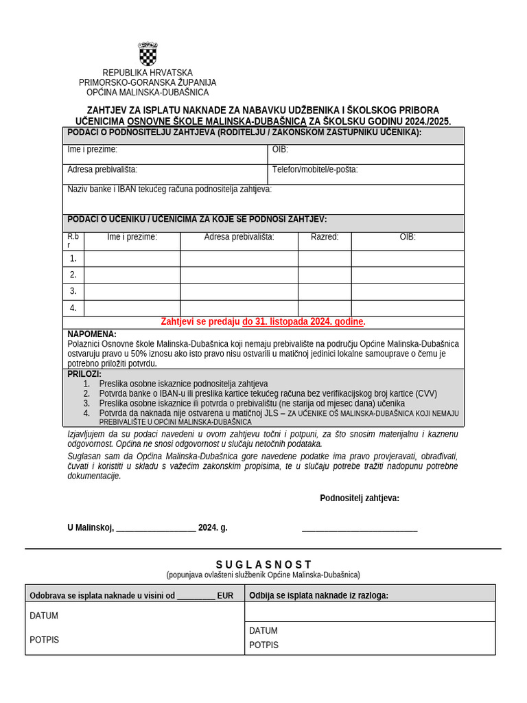 Zahtjev 2024 Za Udzbenike Omd Osnovna Skola Pdf