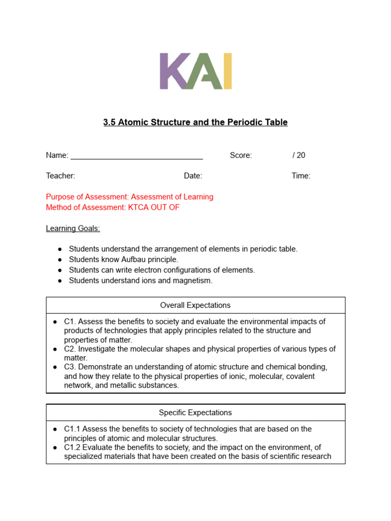Atomic Structure & Periodic Table Assessment | PDF | Electron ...