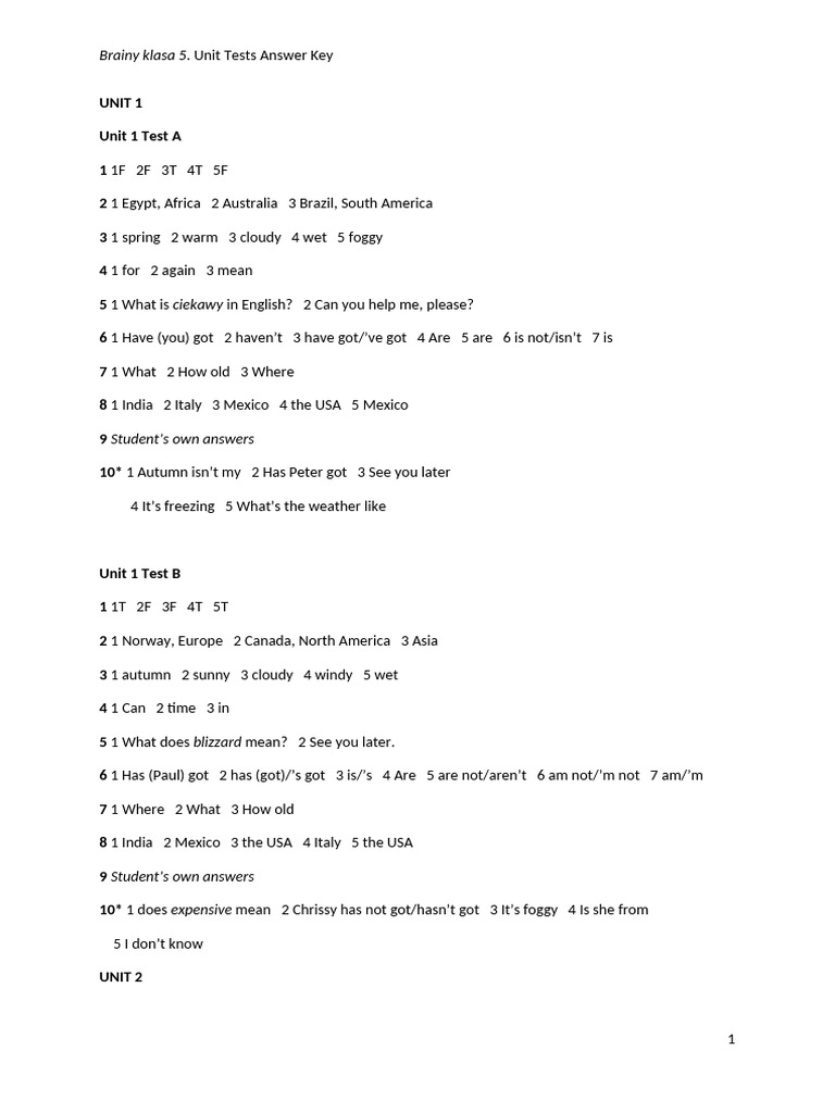 Brainy Klasa 5 Unit Tests Answers | PDF | Language Arts & Discipline