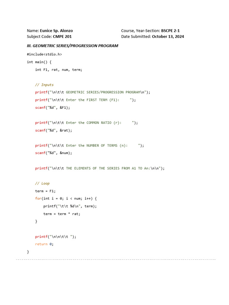 Geometric Series Program in C | PDF | Teaching Methods & Materials ...