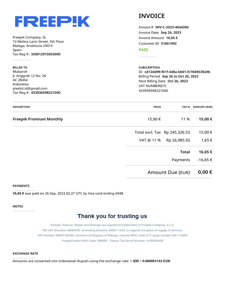 Freepik Invoice #INV-C-2023-4044206 | PDF | Indonesian Rupiah | Value ...